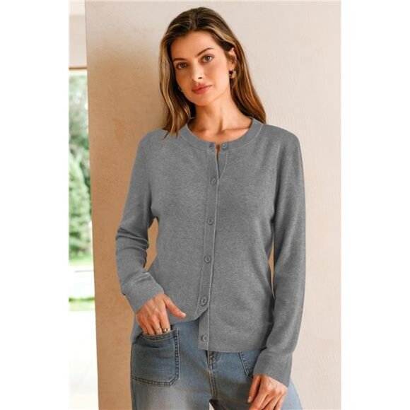 Women's Wool Blended Cardigan Sweaters Lightweight Grey - Picture 4 of 6